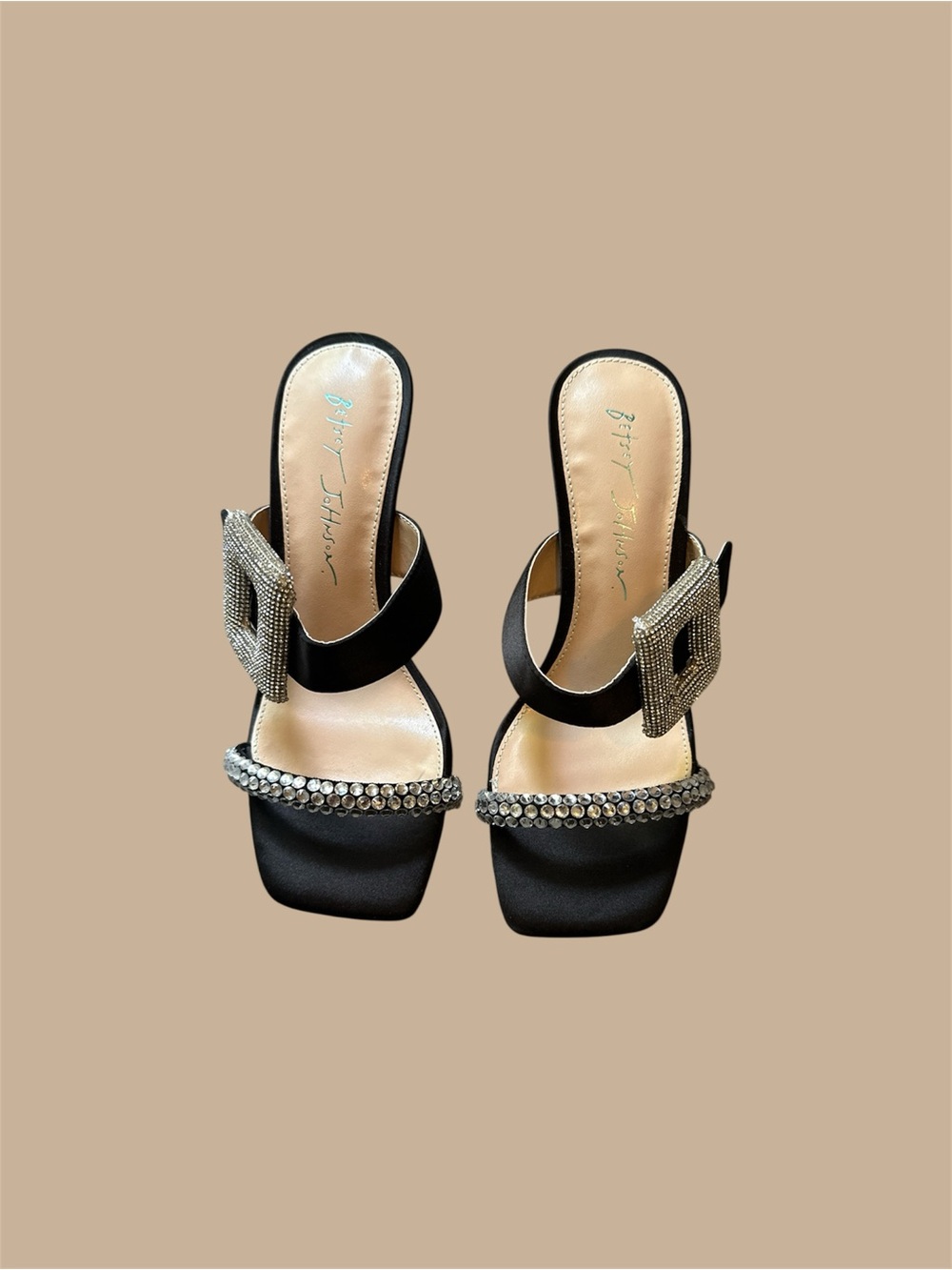 Betsey Johnson Black Satin Slide Mules with Crystal Buckle
